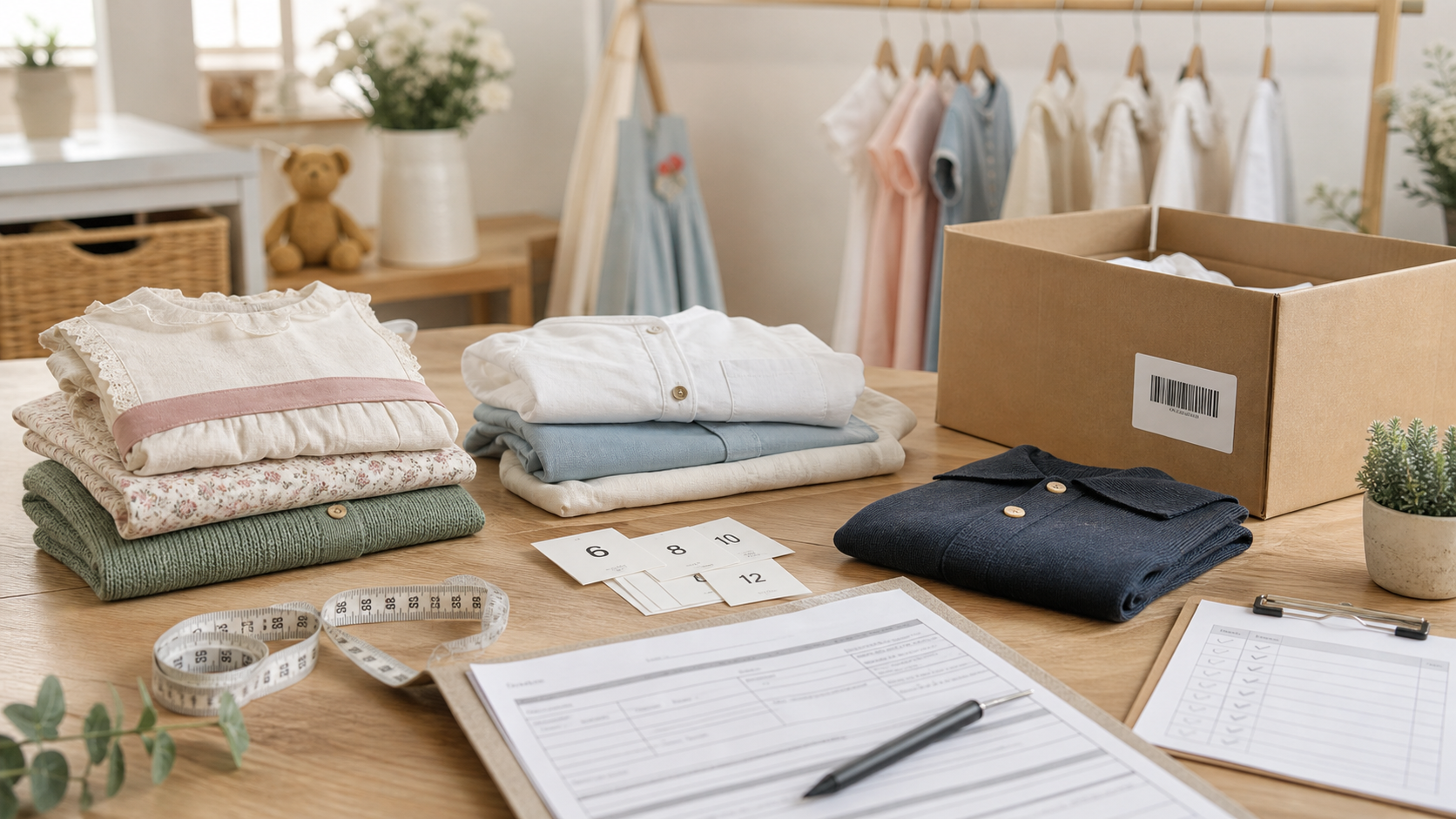 Mesa de preparación con ropa infantil, tallas, formulario de devolución y caja de envío