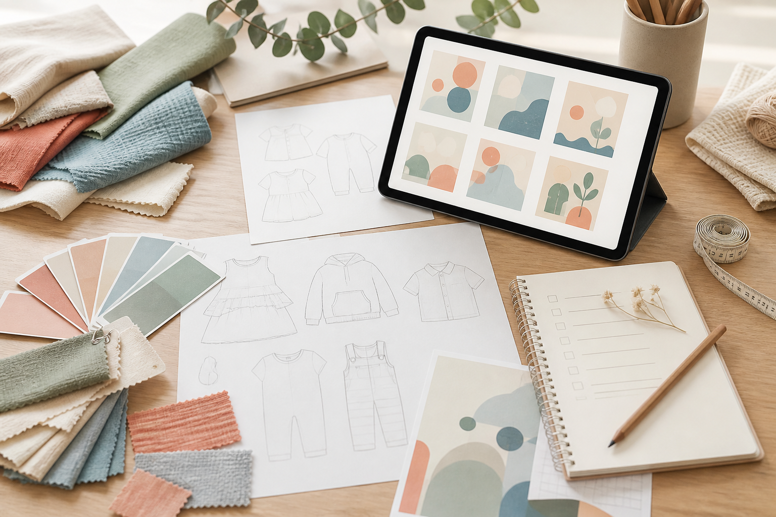 Mesa editorial con bocetos, muestras textiles y una tableta con composiciones abstractas para idear campañas de moda infantil con IA