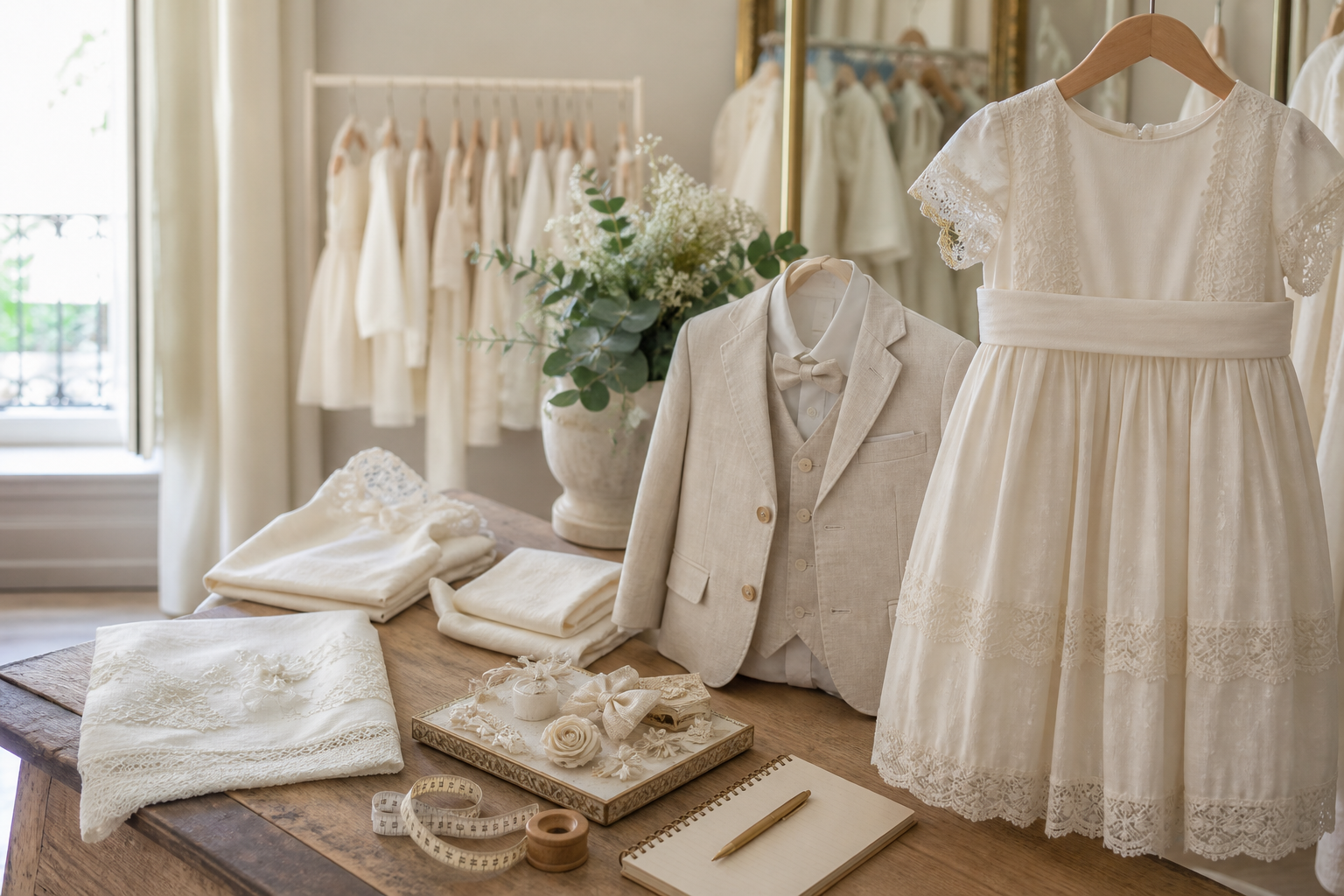Mesa de boutique con vestido de comunión, traje infantil beige, tejidos de bautizo, complementos de arras y cinta métrica