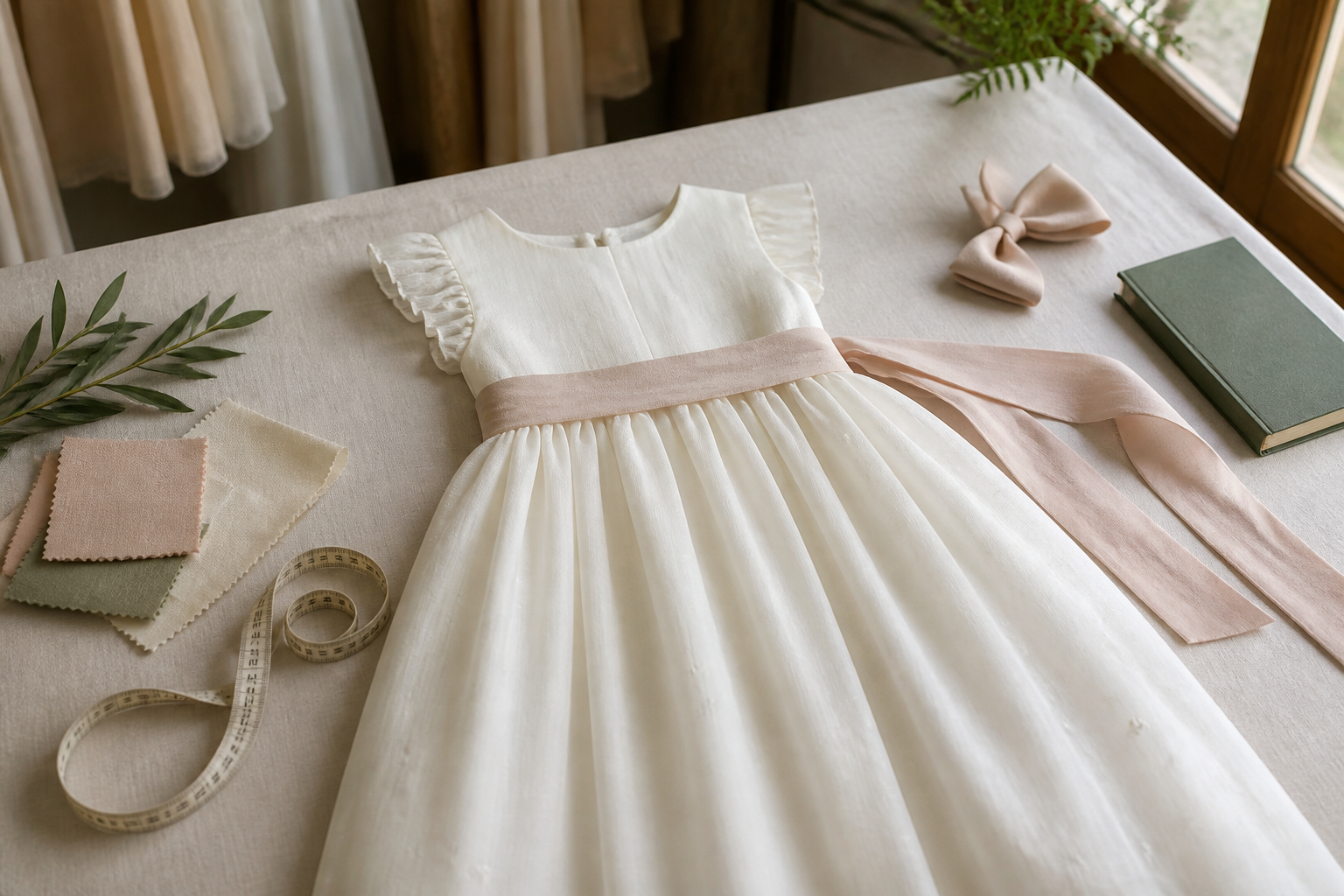 Vestido de arras marfil con lazo rosa empolvado, muestras de tela y cinta métrica sobre una mesa de boutique
